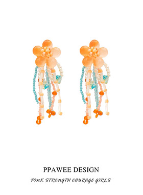 桃花甜橙古风耳饰流苏韩系彩色串珠耳环多巴胺森系耳夹个性耳钉女