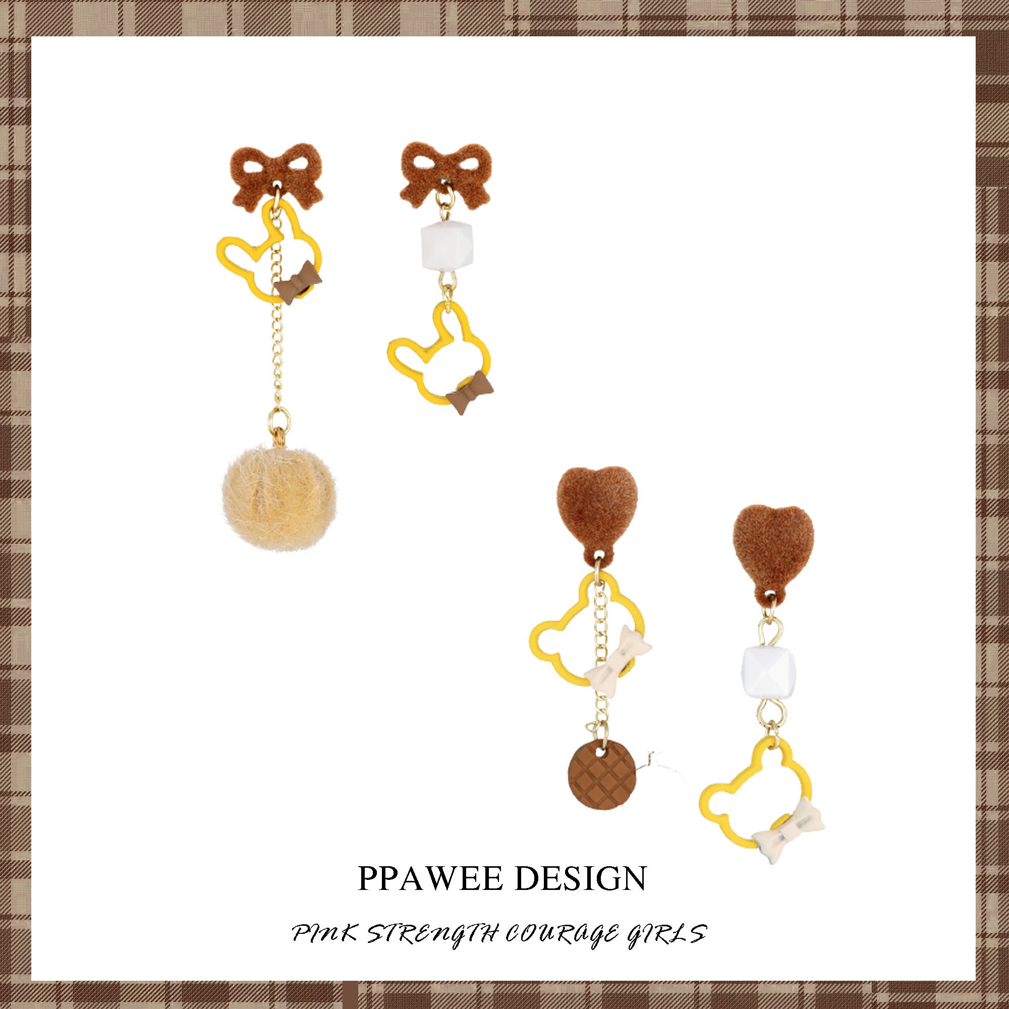 美拉德不对称曲奇小熊耳饰女咖色小兔子爱心耳环时尚可爱耳钉长款