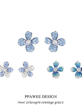 清冷水晶花朵耳环冷淡风蓝色耳饰女小众设计耳钉气质高级大气耳夹