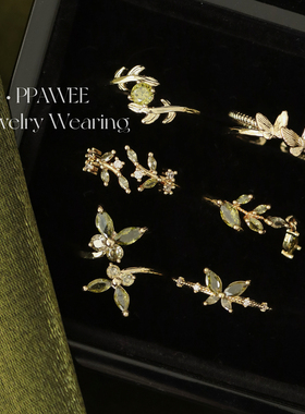 金枝蝶梦|法式小众设计绿色锆石蝴蝶食指戒指女开口叠戴精致指环