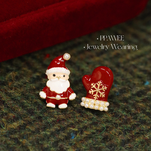 在逃精灵|圣诞节小红帽老人耳环不对称可爱耳饰雪花珍珠手套耳钉