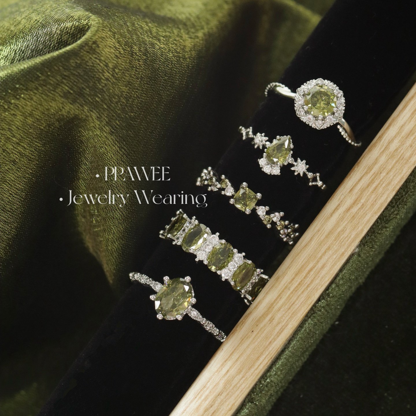 莱茵庄园|轻奢高级感显白橄榄绿色锆石戒指女爆闪开口可调节指环