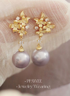 曼塔琉光|紫色法式珍珠耳饰女高级感金色花朵吊坠耳环气质银耳钉