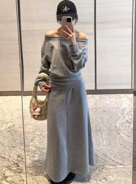 Dilan  韩系灰色休闲运动套装女短款收腰斜肩上衣裙子两件套