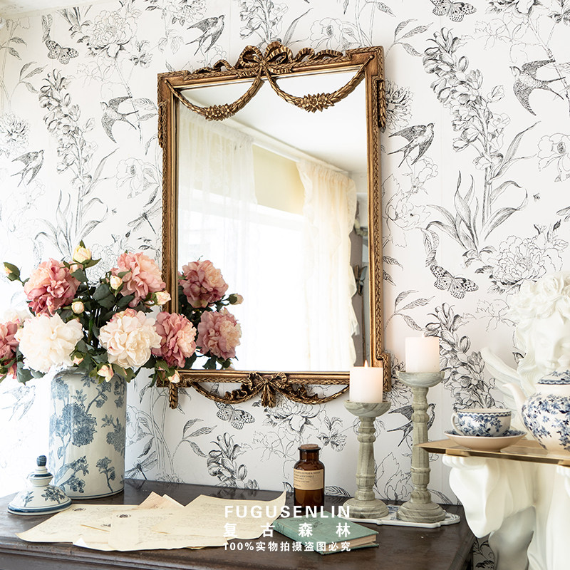 新款法式典雅轻奢莫奈花园蝴蝶结雕花做旧壁挂镜子穿衣镜梳妆镜