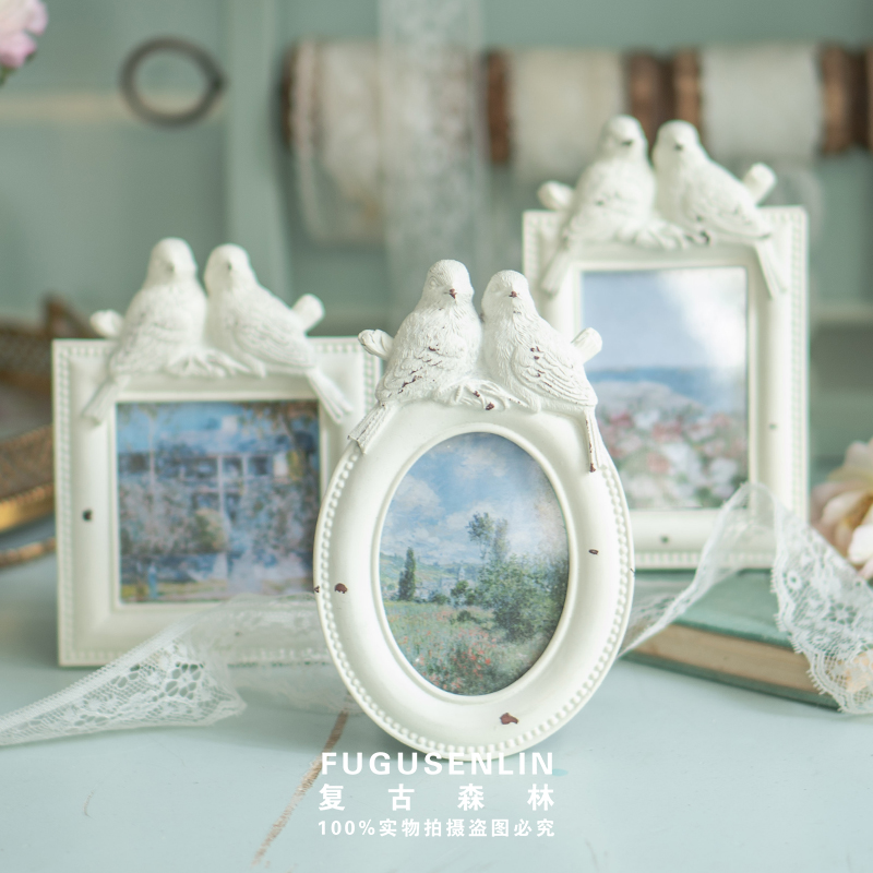 复古森林欧法式小鸟浮雕树脂白色相框架影楼婚庆家居装饰摆件道具