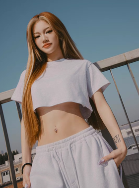 HoneYmoon原创街舞爵士短款T恤宽松透气舒适花灰色四季 荭荭同款