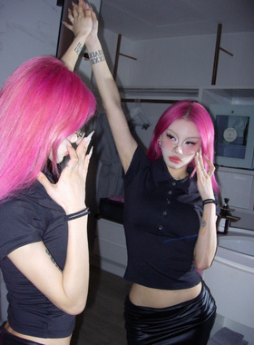 HoneYmoon原创黑色收腰弹力修身正肩短袖T恤上衣街舞jazz荭荭同款