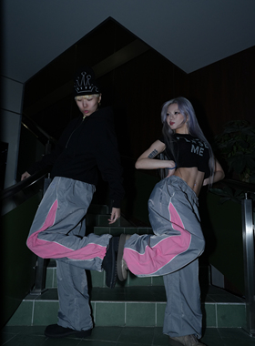 HoneYmoon原创街舞拼接撞色透气速干裤不粘腿荭荭驴子同款粉绿灰