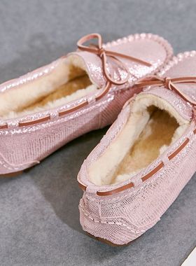 蜥蜴纹真皮豆豆鞋女冬加绒学生一脚蹬百搭毛毛平底孕妇妈妈棉鞋子