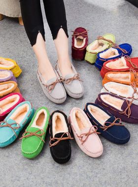 羊皮毛一体豆豆鞋女秋冬季2025新款加绒浅口平底韩版孕妇妈妈棉鞋