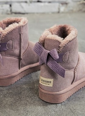 雪地靴女冬季2025真皮加绒加厚雪地棉蝴蝶结厚底大棉鞋保暖靴子