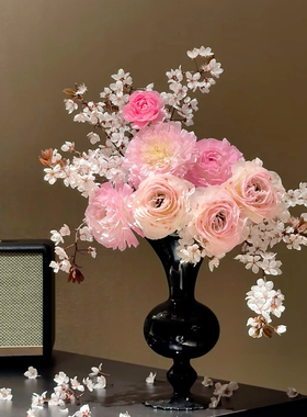 中古黑色高脚杯花瓶摆件客厅插花复古轻奢高级感玻璃水培鲜花花瓶