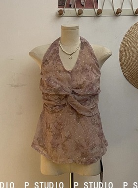 ADD碎花上衣2025夏季新款气质显瘦扭结设计感v领挂脖背心雪纺衫女