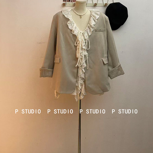 法式V领羽绒飘带保暖西服外套