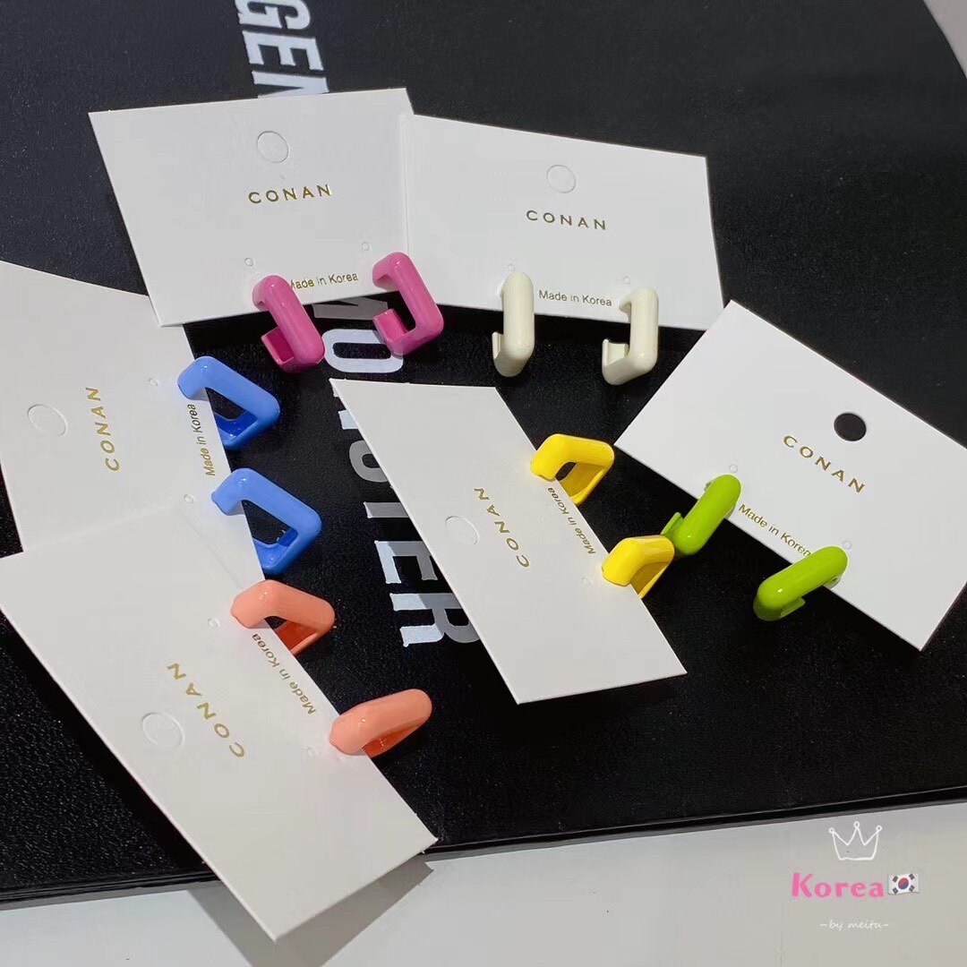 韩国新款代购春季糖果色几何方形耳圈彩色百搭气质耳环耳钉耳饰女