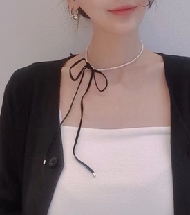 韩国东大门新款珍珠串珠长款缎带蝴蝶结项链ins风气质锁骨链女潮