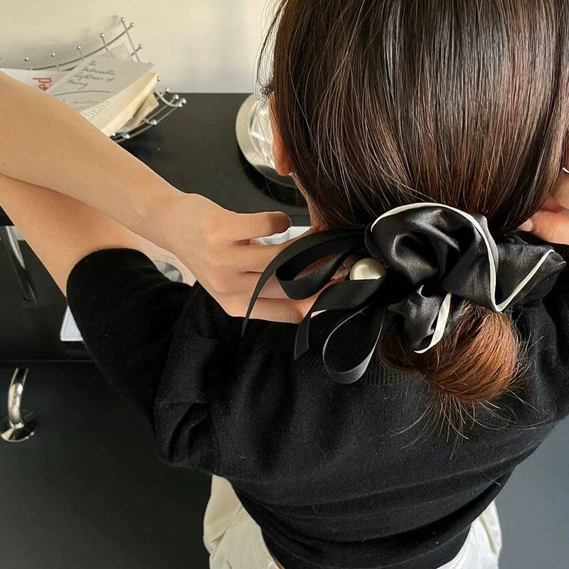 韩国东大门nyunyu新款纱纱缎带蝴蝶结珍珠大号大肠圈仙女发圈发绳