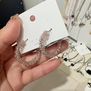 韩国进口新款耳饰品S家水晶砂糖碎钻精致粉色高级感小众耳圈耳环