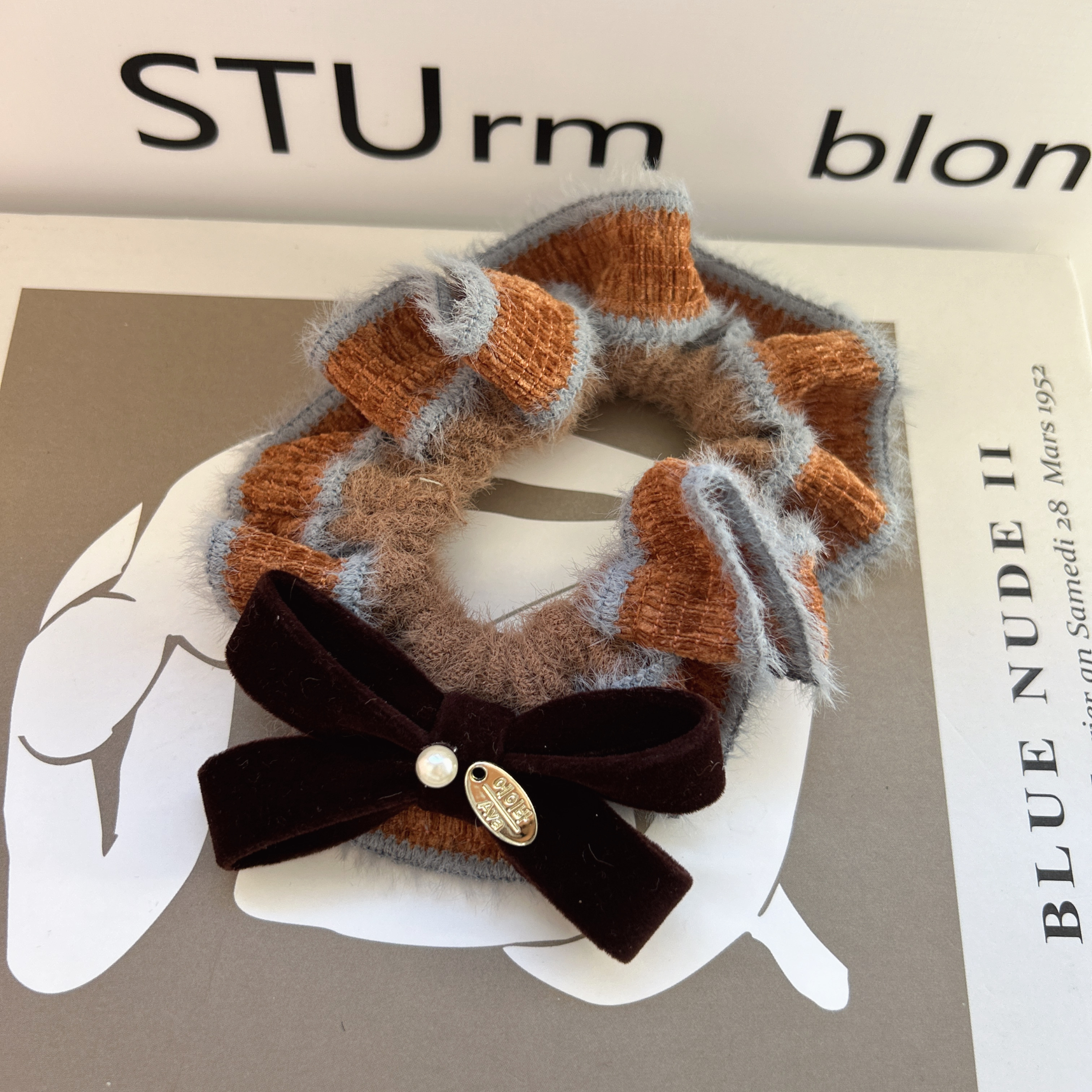 韩国发饰品新款针织毛钱丝绒蝴蝶结撞色韩系小众大肠圈发圈头花女