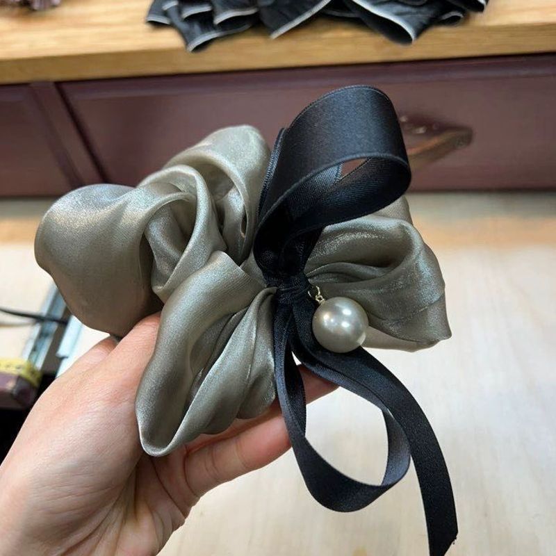 韩国进口新款亮面欧根纱珍珠蝴蝶结大号大肠圈仙女发绳头花发饰品