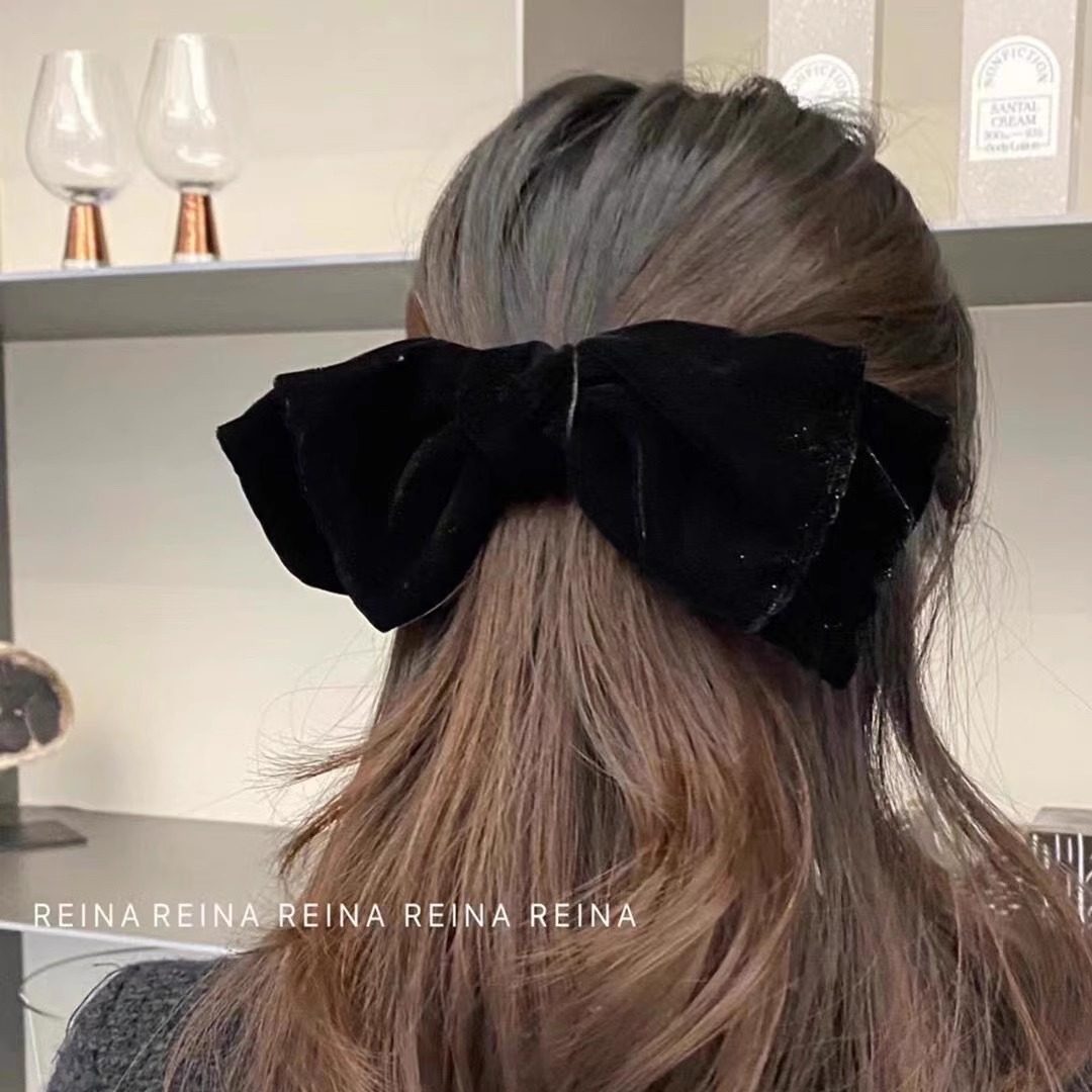 黑色丝绒满天星蝴蝶结发夹弹