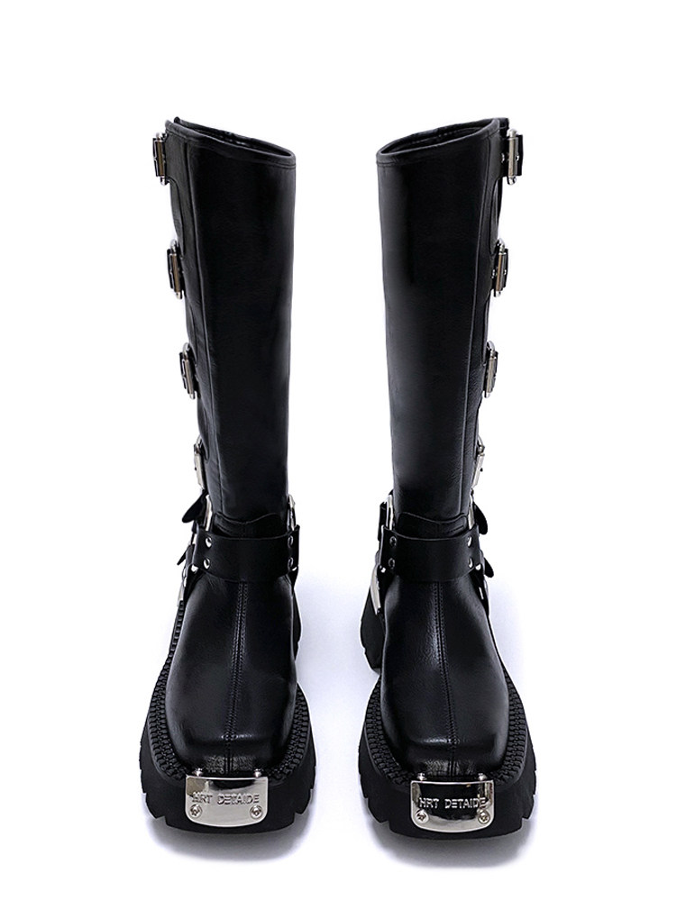 여성을위한 펑크 스타일 블랙 마틴 부츠 봄과 여름 정사각형 발가락 두꺼운 단독 서부 카우보이 부츠 틈새 디자인 라이더 오토바이 부츠