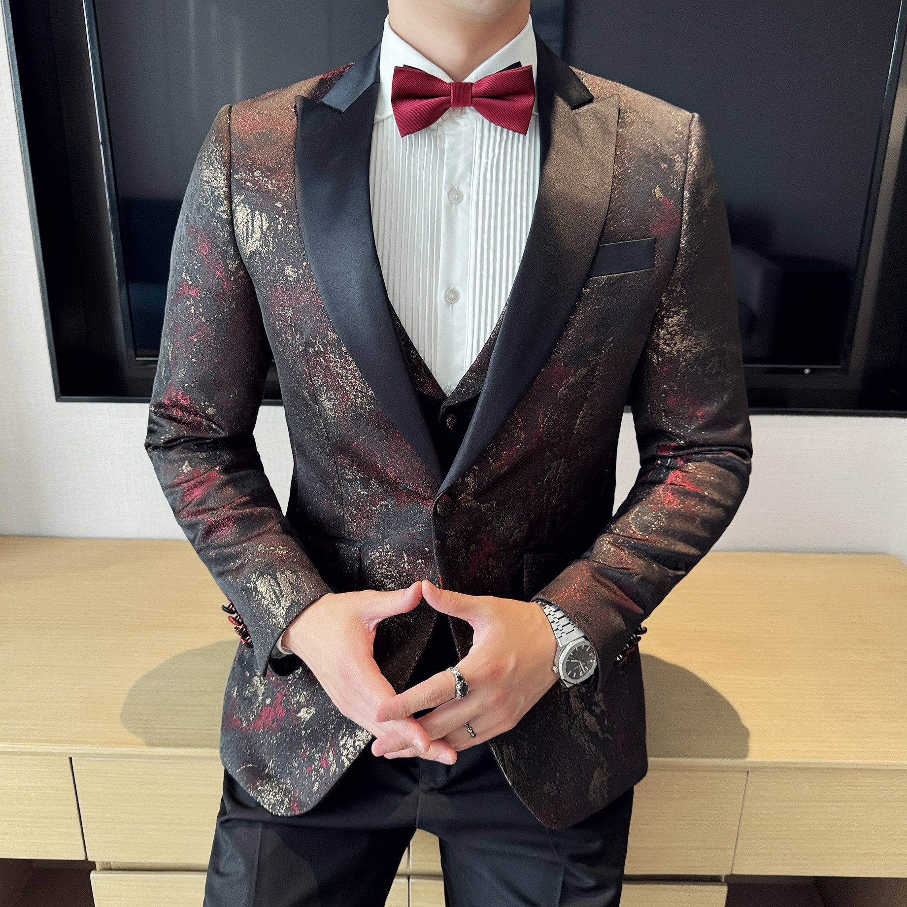 高端男士西装套装韩版潮牌时尚主持人礼服花纹西服两件套新郎服装,男装西服套装,电商A199(原D219）
