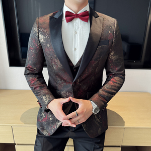 高端男士西装套装韩版潮牌时尚主持人礼服花纹西服两件套新郎服装