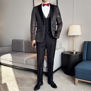 高端男士西装套装韩版潮牌时尚主持人礼服花纹西服两件套新郎服装图片