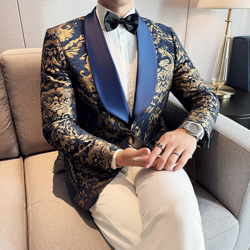 花色青果领刺绣演出礼服修身时尚主持人年会歌手风休闲西装男,男装西服套装,电商A199(原D219）