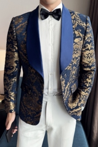 花色青果领刺绣演出礼服修身时尚主持人年会歌手风休闲西装男图片