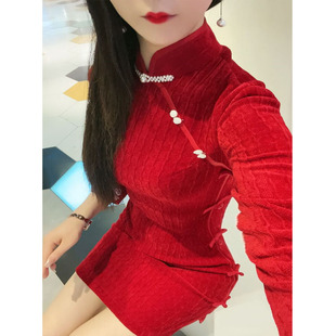 中长袖 2024年秋冬新款 珍珠扣年轻款 红色旗袍复古改良日常过年时尚