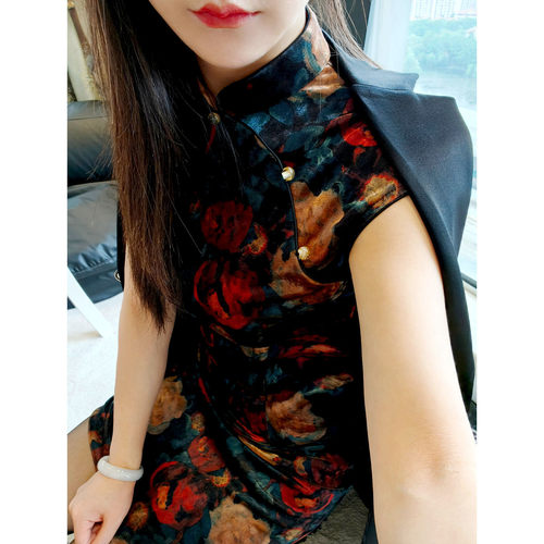 秋冬大花丝绒旗袍裙性感包臀短款