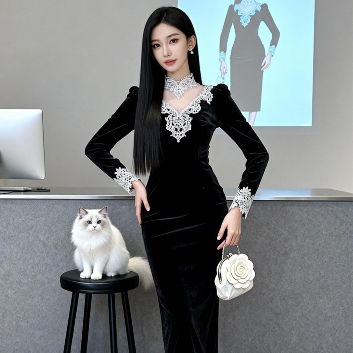 新中式黑色丝绒蕾丝V领长袖旗袍