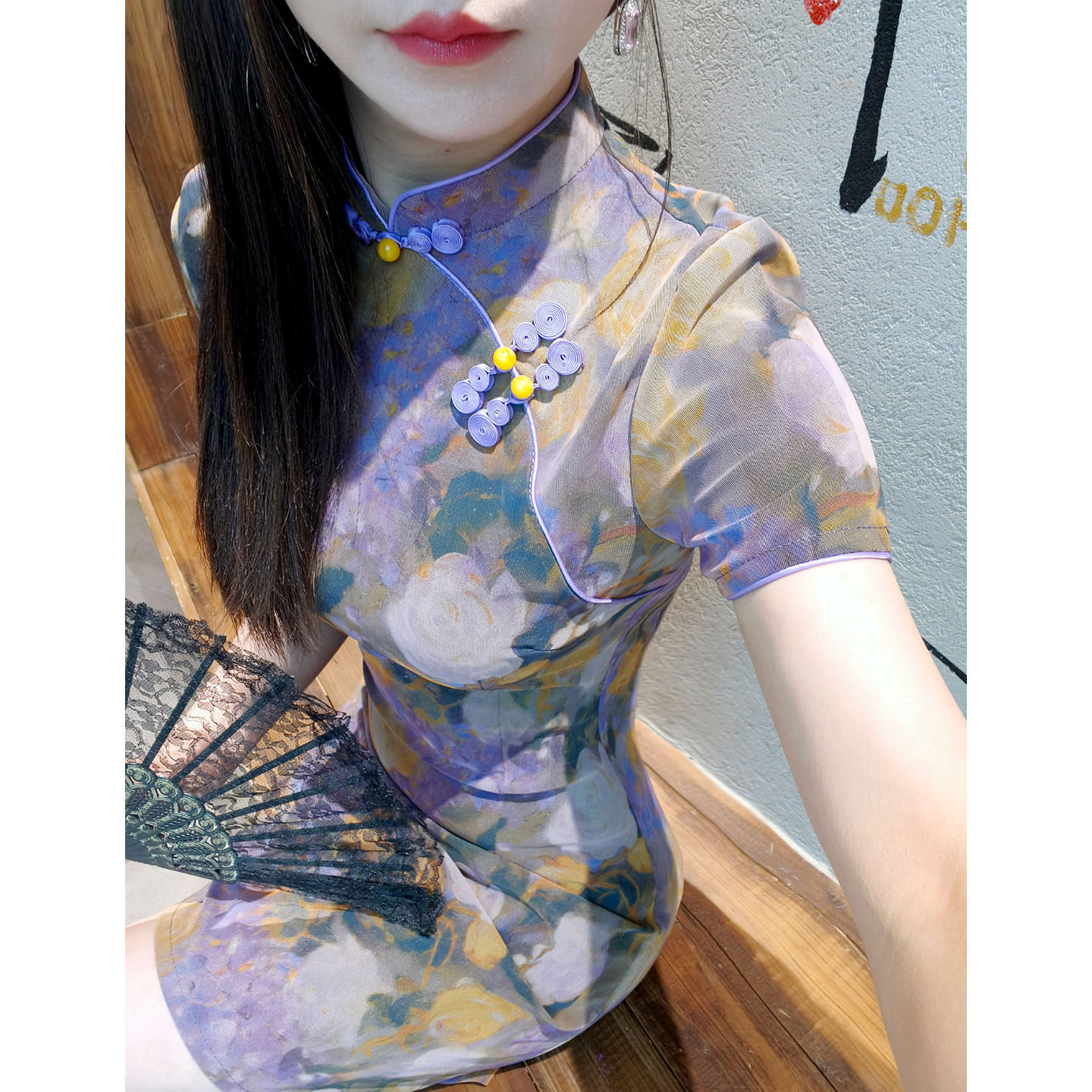 改良旗袍女短袖紫色印花日常可穿显瘦弹力连衣裙2026小个子新中式