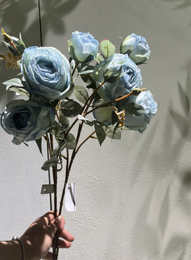 仿真玫瑰花烤边蓝色系干枯假花复古油画客厅装饰绢花餐桌花摆件