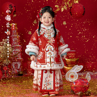 马面裙过年服 女孩新中式 汉服女童冬款 儿童加厚红色喜庆拜年服套装
