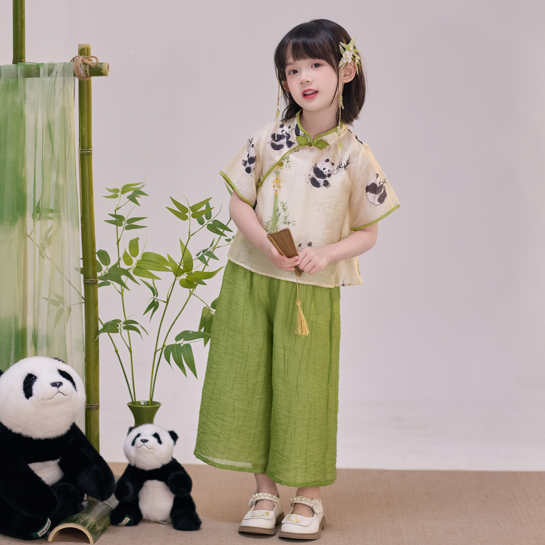 汉服女童2025夏季新款儿童新中式国风裤子套装三件套女孩古风唐装
