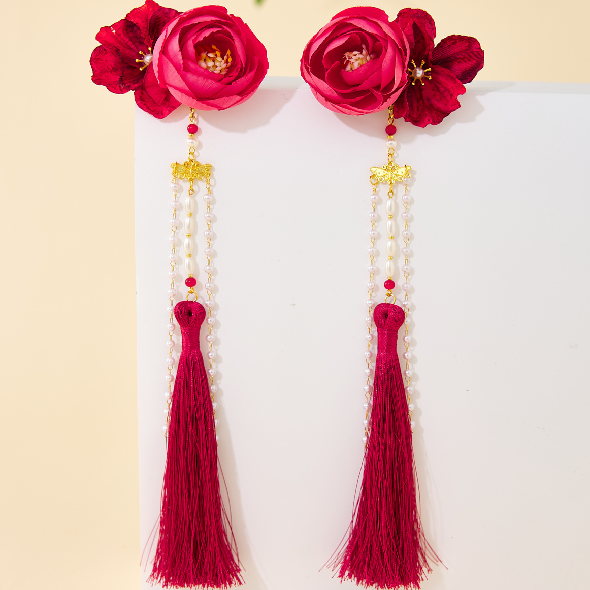 汉服女童古风发饰红色流苏对夹