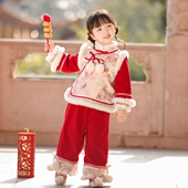 汉服女童2025冬款 子喜庆拜年服套装 儿童新中式 国风仙气红色加绒裤