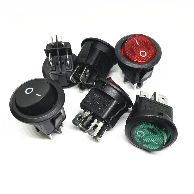5个 圆形翘板电源按钮开关KCD1-105红/黑/绿色带灯4脚2档开孔20MM