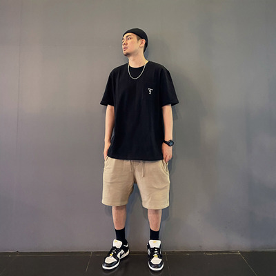 宽松纯色竹节棉圆领打底口袋T恤