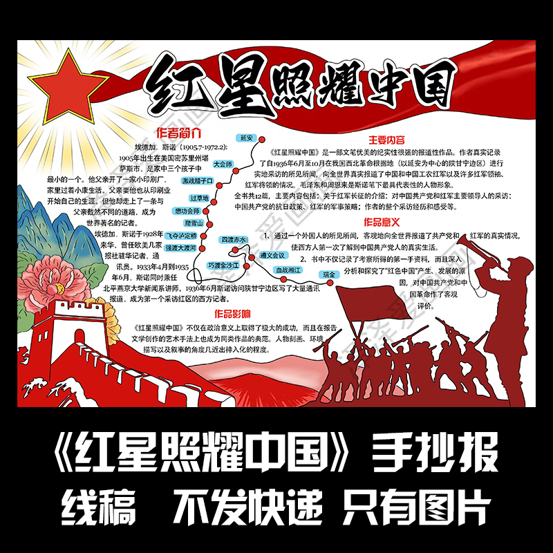 103红星照耀中国手抄报线稿电子版黑白线稿可打印学生手抄报