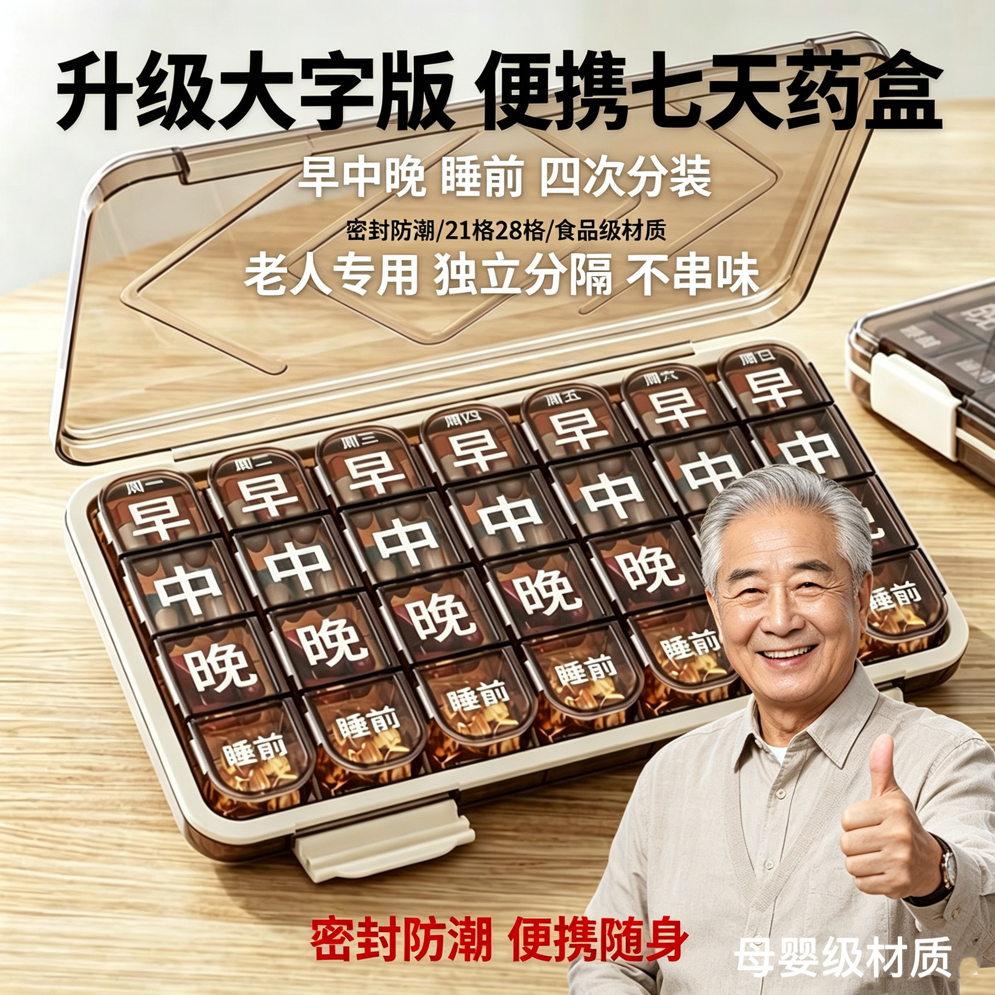 老年人大字版药盒切药器便携式一周七天随身分格装塑料收纳盒图片