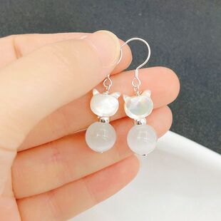 S999纯银耳环防过敏不掉色贝壳猫眼石耳饰品可爱猫咪学生耳钩新款