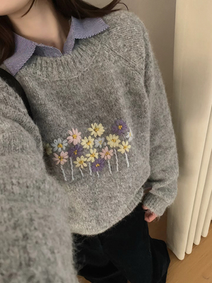 韩系穿搭灰色针织开衫女秋冬季新款毛衣外套宽松慵懒风上衣