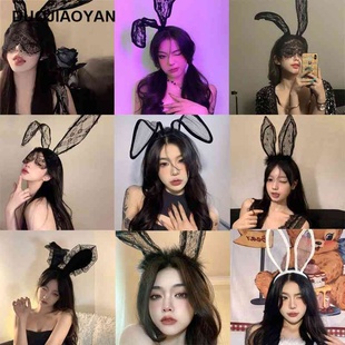 2025蕾丝发箍黑色兔子耳朵头箍舞会蕾丝发箍女高级感派对头饰