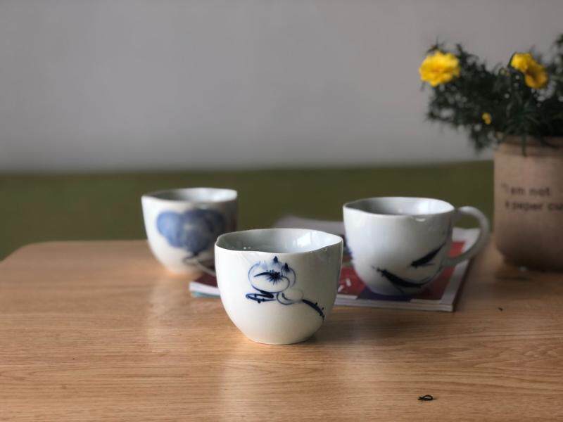 珊明小窝花边陶瓷水杯 异形花瓣创意马克杯景德镇手绘青花瓷杯子