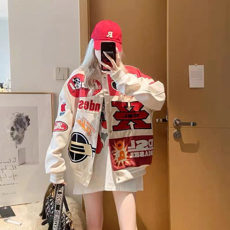 美式中性街头棒球服春秋机车个性宽松重工刺绣情侣装外套嘻哈男女
